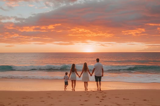 A family holds hands as they walk along the shore, enjoying the warm hues of a sunset reflecting on the water.