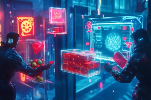 Two figures engage with vibrant holographic interfaces surrounded by neon signs in a bustling futuristic city at night.