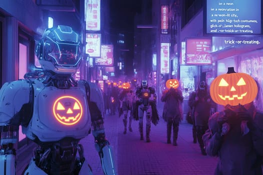 Robots with glowing pumpkin heads walk alongside trick-or-treaters in a lively neon cityscape during a Halloween celebration.