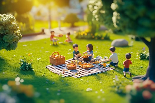 A group gathers on a picnic blanket sharing delicious food on a sunny afternoon in a vibrant park setting filled with greenery.