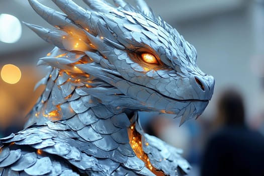 A stunning silver dragon sculpture features illuminated eyes and intricate scales, captivating attendees at a fantasy event.