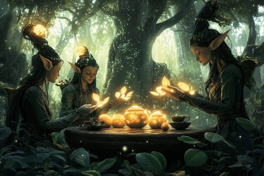 Forest spirits engage in a magical tea ceremony under glowing lights as twilight casts shadows among ancient trees.