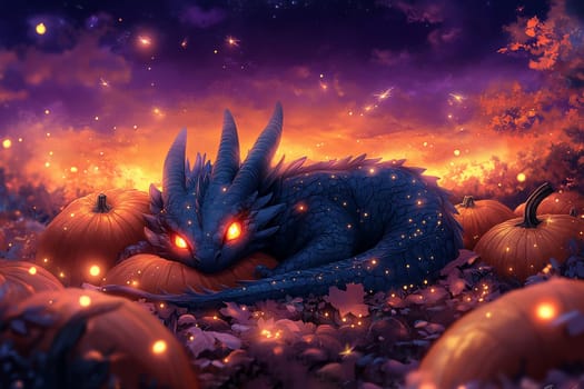 A dragon with glowing eyes lies among pumpkins as twilight casts vibrant colors across the autumn landscape, creating a mystical atmosphere.