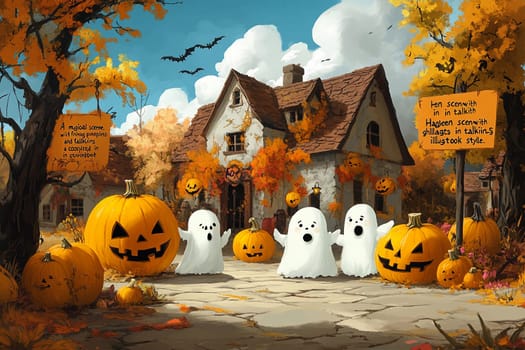 Charming trick-or-treaters dressed as friendly ghosts gather outside a decorated house surrounded by glowing pumpkins and fall leaves.