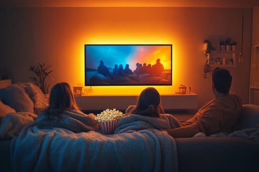 Friends gather on a couch under warm lighting, enjoying a movie evening with snacks and a cozy atmosphere that invites relaxation.