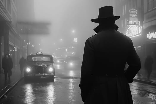 A cloaked figure stands under the faint streetlights, watching a classic car approach along a wet, misty boulevard at night.