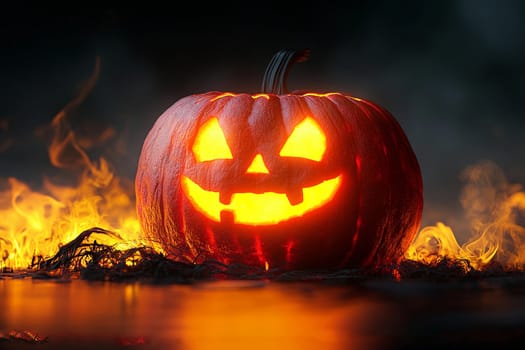 A carved pumpkin emits a warm glow as flames flicker around it, creating a spooky atmosphere during Halloween festivities.