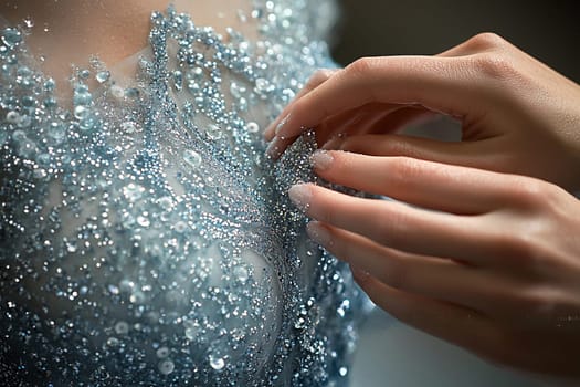 Delicate hands carefully enhance the detailed beaded neckline of a stunning gown, showcasing craftsmanship in soft lighting.