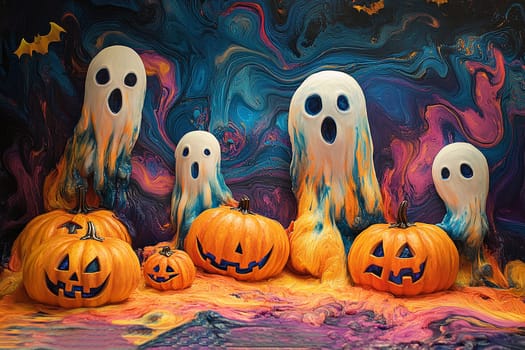 Ghostly figures and carved pumpkins enhance the vibrant Halloween display, offering a whimsical touch to the festive season.