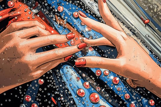 Hands with striking red nails reach out to touch sparkling water droplets on a vibrant surface, showcasing a playful moment.