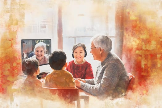 Seniors share joyful moments with their grandchildren over a video call, smiling and engaging in a warm, inviting atmosphere.