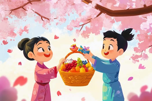 Two cheerful children in traditional attire share a woven fruit basket filled with vibrant fruits beneath cherry blossom trees in spring.