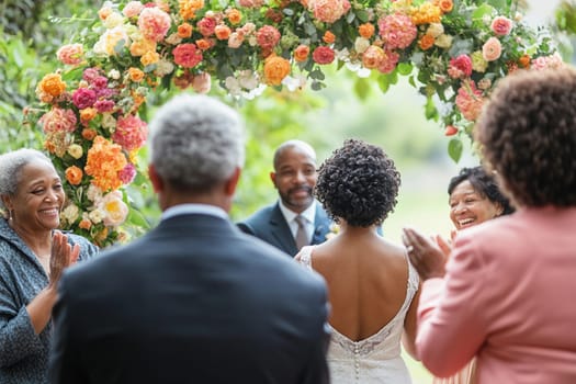 A joyful couple exchanges vows in a garden, surrounded by blooming flowers and smiling family members celebrating their love.