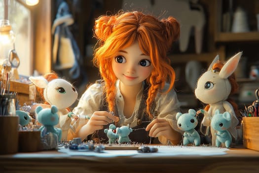 A girl with orange hair is crafting plush toys in a bright workshop filled with adorable animal figures and craft supplies.