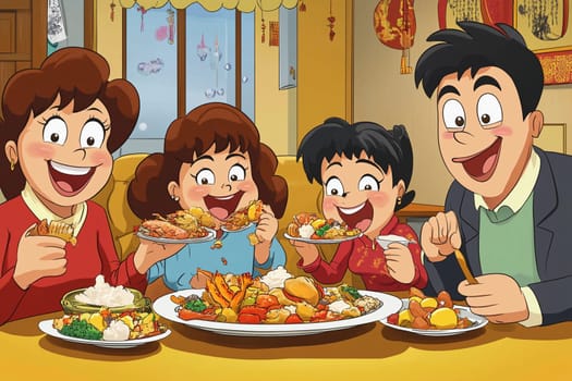 Four family members share a cheerful moment at a dining table full of delicious food, enjoying each other's company and festive atmosphere.