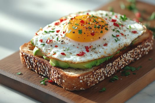 A slice of whole grain bread is topped with creamy avocado and a sunny-side-up egg, seasoned with spices, placed on a wooden board, illuminated by soft morning light.