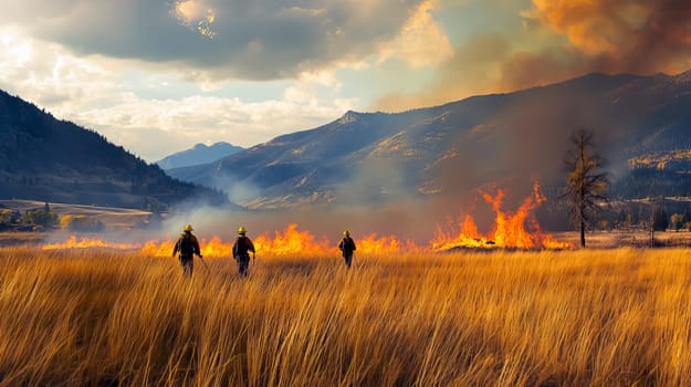 Burning landscape with trees and hills. Ai art