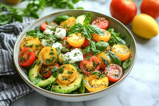 Fresh Avocado Salad with Cherry Tomatoes, Cheese, and Mixed Greens in Bowl. Healthy eating concept. AI generated.