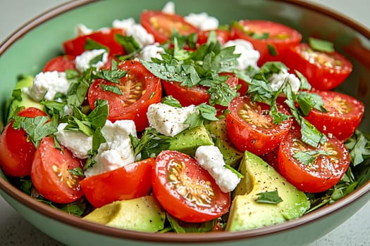 Fresh Avocado Salad with Cherry Tomatoes, Cheese, and Mixed Greens in Bowl. Healthy eating concept. AI generated.