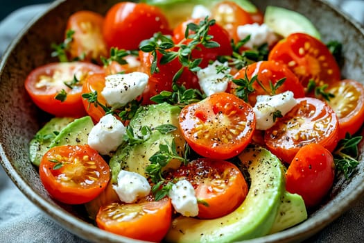 Fresh Avocado Salad with Cherry Tomatoes, Cheese, and Mixed Greens in Bowl. Healthy eating concept. AI generated.