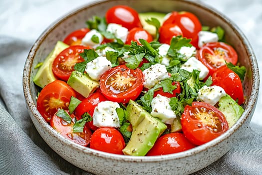 Fresh Avocado Salad with Cherry Tomatoes, Cheese, and Mixed Greens in Bowl. Healthy eating concept. AI generated.