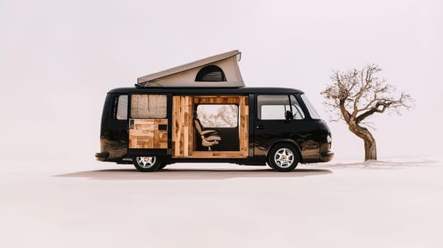 Luxurious camper van parked near a tree in the countryside, offering a peaceful and comfortable retreat for nature enthusiasts