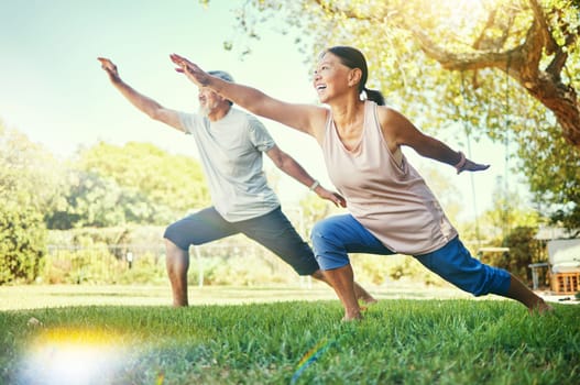 Senior couple, outdoor and yoga for health, fitness and wellness in grass, healthy or happy. Retired, elderly and enjoying retirement with workout, stretching and backyard for body, man and woman.