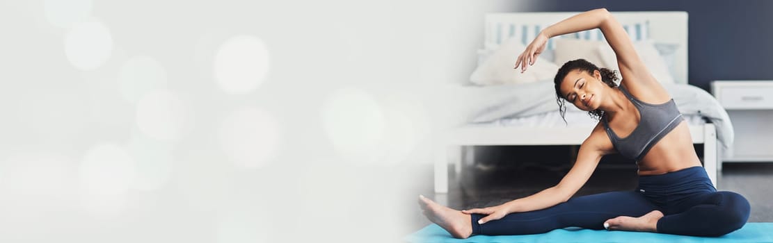 Banner, yoga and fitness, woman in bedroom and stretching workout with mockup, health and wellness in home. Pilates, exercise and girl training on floor in apartment with space, bokeh and commitment