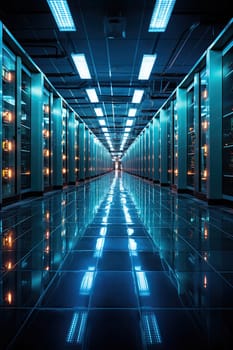 Futuristic data center room full of racks with servers.