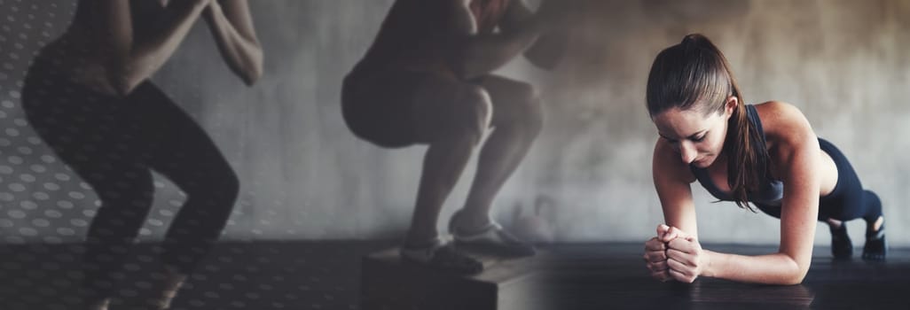 Fitness, planking and mockup and woman in gym for workout, commitment and body training on banner. Info space, exercise club and girl on floor for power challenge, motivation and double exposure