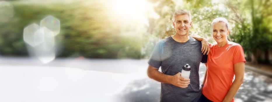 Mature, couple, portrait and fitness with mockup space and bokeh with smile from sport on road. Exercise, training and workout of a happy athlete on a street for health and wellness together outdoor.