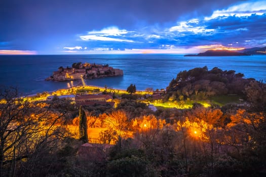 Sveti Stefan historic island village evening view, Montenegro coastline