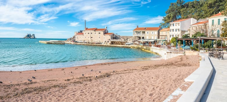 Town of Petrovac beach and coastline panoramic view, archipelago of Montenegro