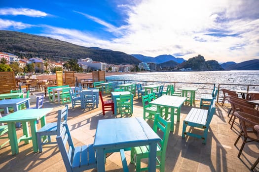 Town of Petrovac beach and  seafront cafe view, archipelago of Montenegro