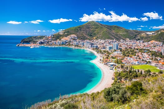 Town of Budva beach and modern coastline architecture view, archipelago of Montenegro