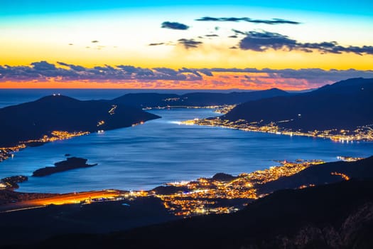 Boka Kotorska and Tivat bay aerial evening panoramic view, coastline of Montenegro