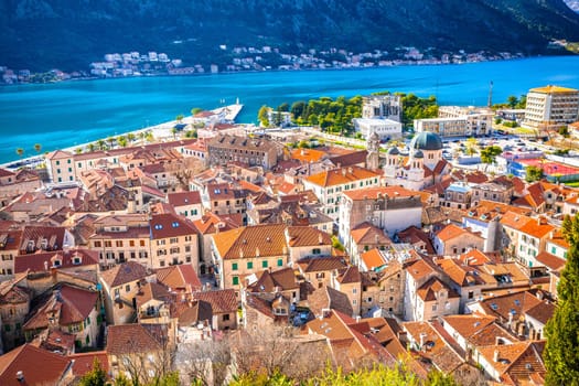Historic town of Kotor scenic rooftops view, Boka Kotorska bay of Montenegro