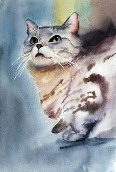 a beautiful British cat lying on his back under a striped blanket, next to a book, a sprig of cotton and a cup of coffee. close-up watercolor illustration