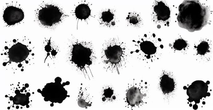 Splashes, drops, a set of black blots. Set of raster icons of liquid elements