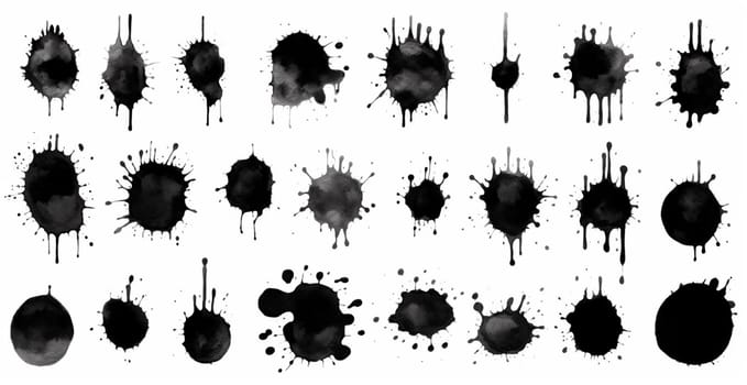 Splashes, drops, a set of black blots. Set of raster icons of liquid elements