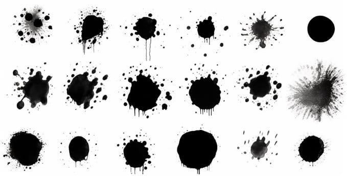 Splashes, drops, a set of black blots. Set of raster icons of liquid elements