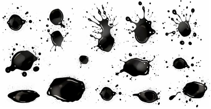 Splashes, drops, a set of black blots. Set of raster icons of liquid elements