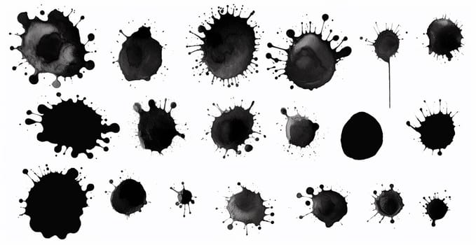 Splashes, drops, a set of black blots. Set of raster icons of liquid elements