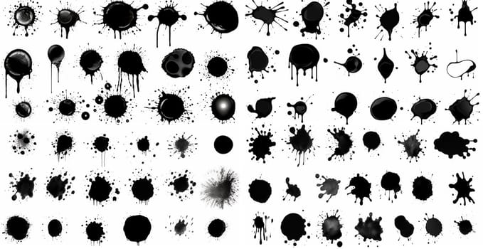 Splashes, drops, a set of black blots. Set of raster icons of liquid elements