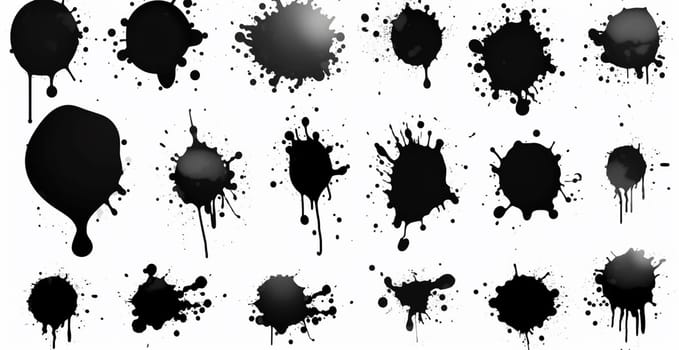 Splashes, drops, a set of black blots. Set of raster icons of liquid elements