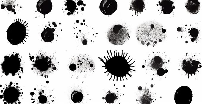 Splashes, drops, a set of black blots. Set of raster icons of liquid elements