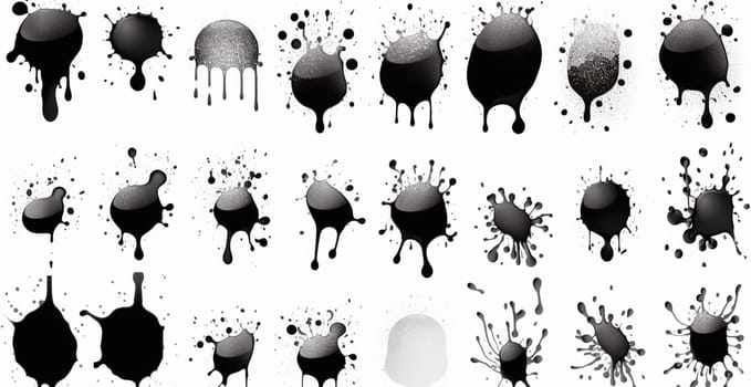 Splashes, drops, a set of black blots. Set of raster icons of liquid elements