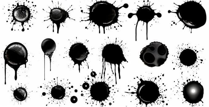 Splashes, drops, a set of black blots. Set of raster icons of liquid elements