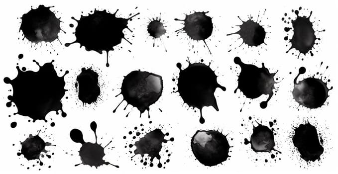 Splashes, drops, a set of black blots. Set of raster icons of liquid elements