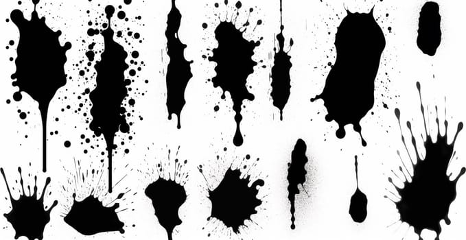 Splashes, drops, a set of black blots. Set of raster icons of liquid elements